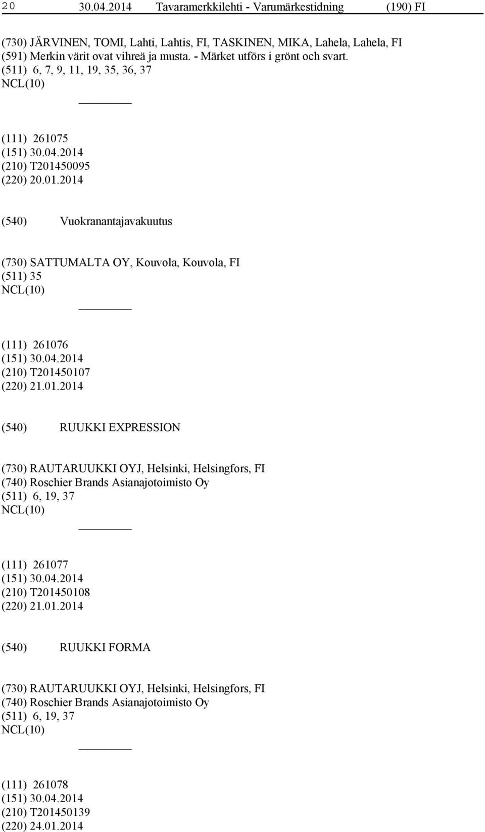 50095 (220) 20.01.2014 Vuokranantajavakuutus (730) SATTUMALTA OY, Kouvola, Kouvola, FI (511) 35 (111) 261076 (210) T201450107 (220) 21.01.2014 RUUKKI EXPRESSION (730) RAUTARUUKKI OYJ, Helsinki, Helsingfors, FI (740) Roschier Brands Asianajotoimisto Oy (511) 6, 19, 37 (111) 261077 (210) T201450108 (220) 21.
