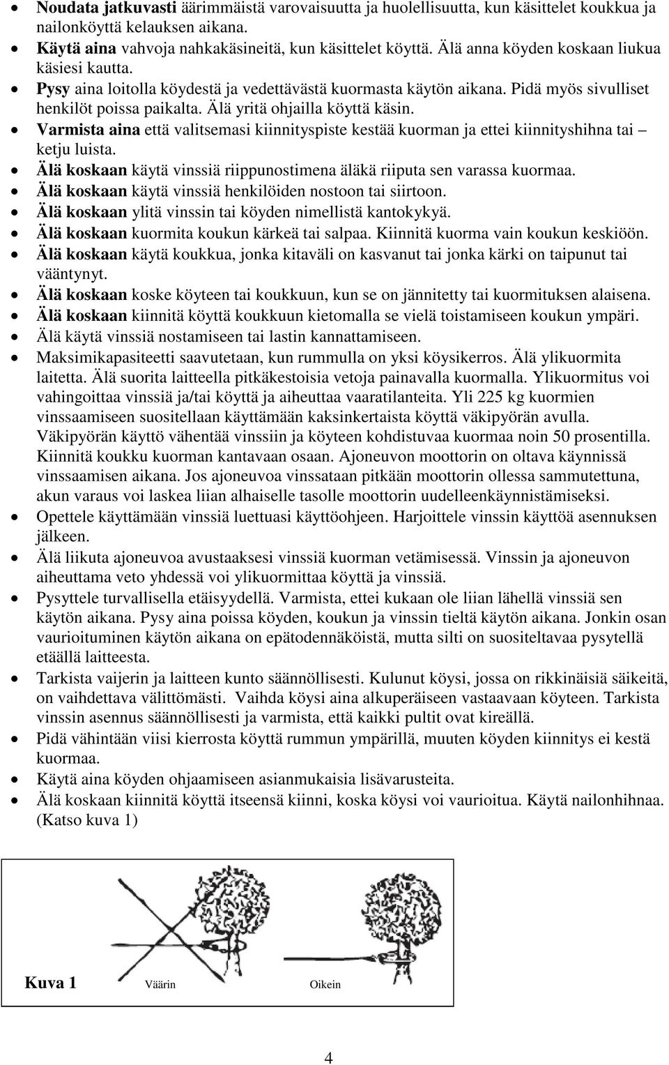 Varmista aina että valitsemasi kiinnityspiste kestää kuorman ja ettei kiinnityshihna tai ketju luista. Älä koskaan käytä vinssiä riippunostimena äläkä riiputa sen varassa kuormaa.