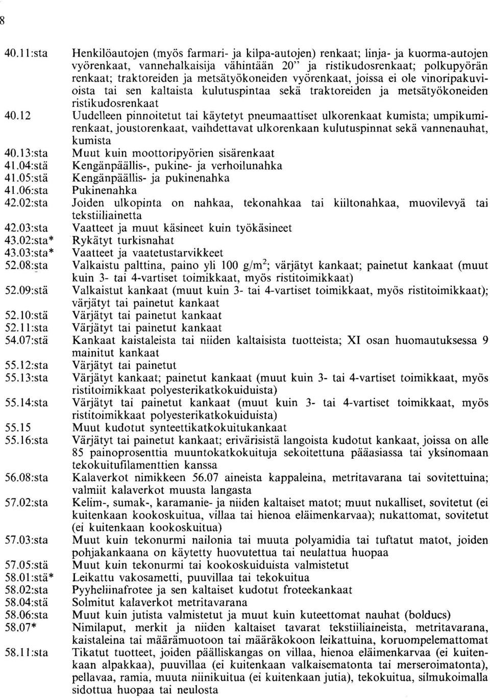 11 :sta Henkilöautojen (myös farmari- ja kilpa-autojen) renkaat; linja- ja kuorma-autojen vyörenkaat, vannehalkaisija vähintään 20" ja ristikudosrenkaat; polkupyörän renkaat; traktoreiden ja