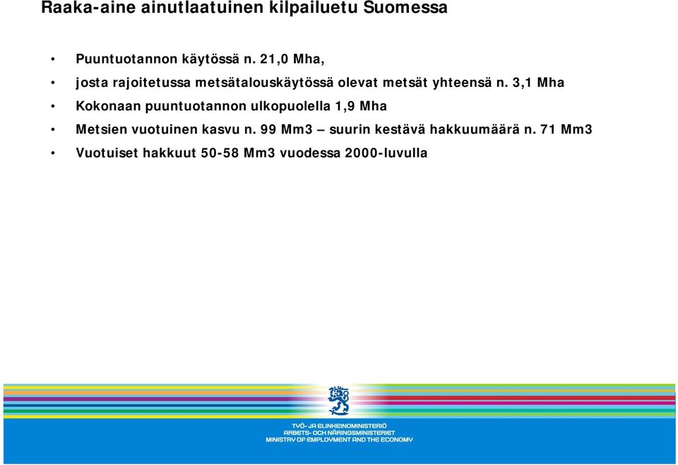 3,1 Mha Kokonaan puuntuotannon ulkopuolella 1,9 Mha Metsien vuotuinen kasvu n.