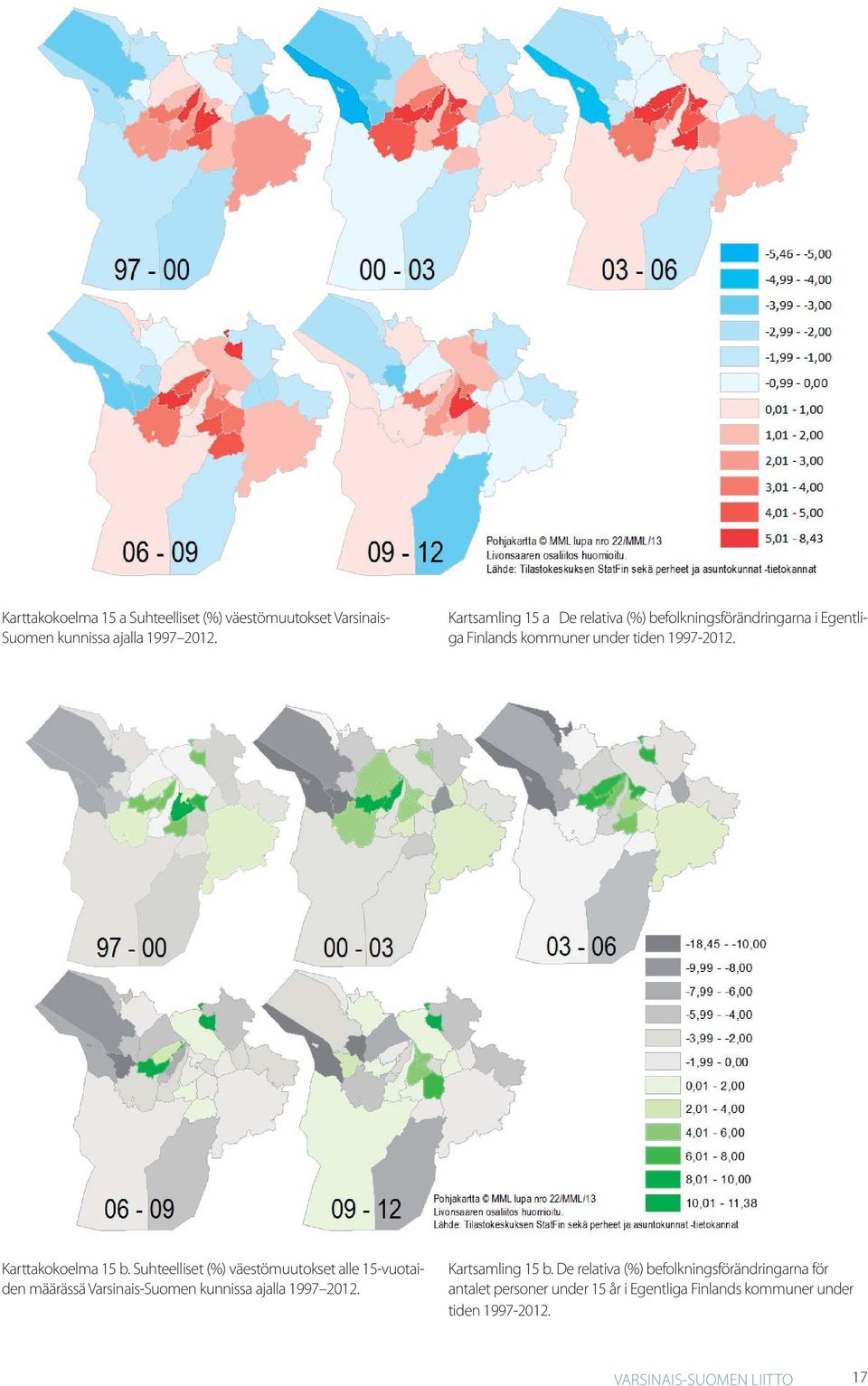 Karttakokoelma 15 b. Suhteelliset (%) väestömuutokset alle 15-vuotaiden määrässä Varsinais-Suomen kunnissa ajalla 1997 2012.