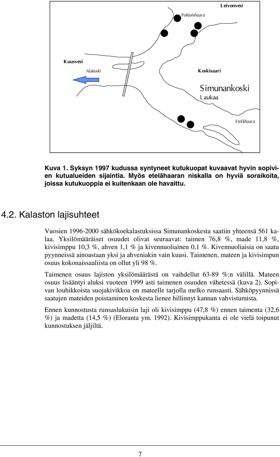 Kalaston lajisuhteet Vuosien 1996-2000 sähkökoekalastuksissa Simunankoskesta saatiin yhteensä 561 kalaa.