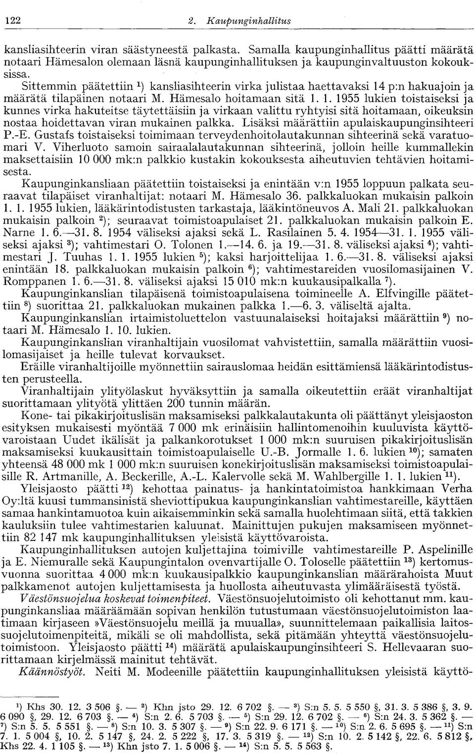 Sittemmin päätettiin 1 ) kansliasihteerin virka julistaa haettavaksi 14 p:n hakuajoin ja määrätä tilapäinen notaari M. Hämesalo hoitamaan sitä 1.1. 1955 lukien toistaiseksi ja kunnes virka hakuteitse täytettäisiin ja virkaan valittu ryhtyisi sitä hoitamaan, oikeuksin nostaa hoidettavan viran mukainen palkka.