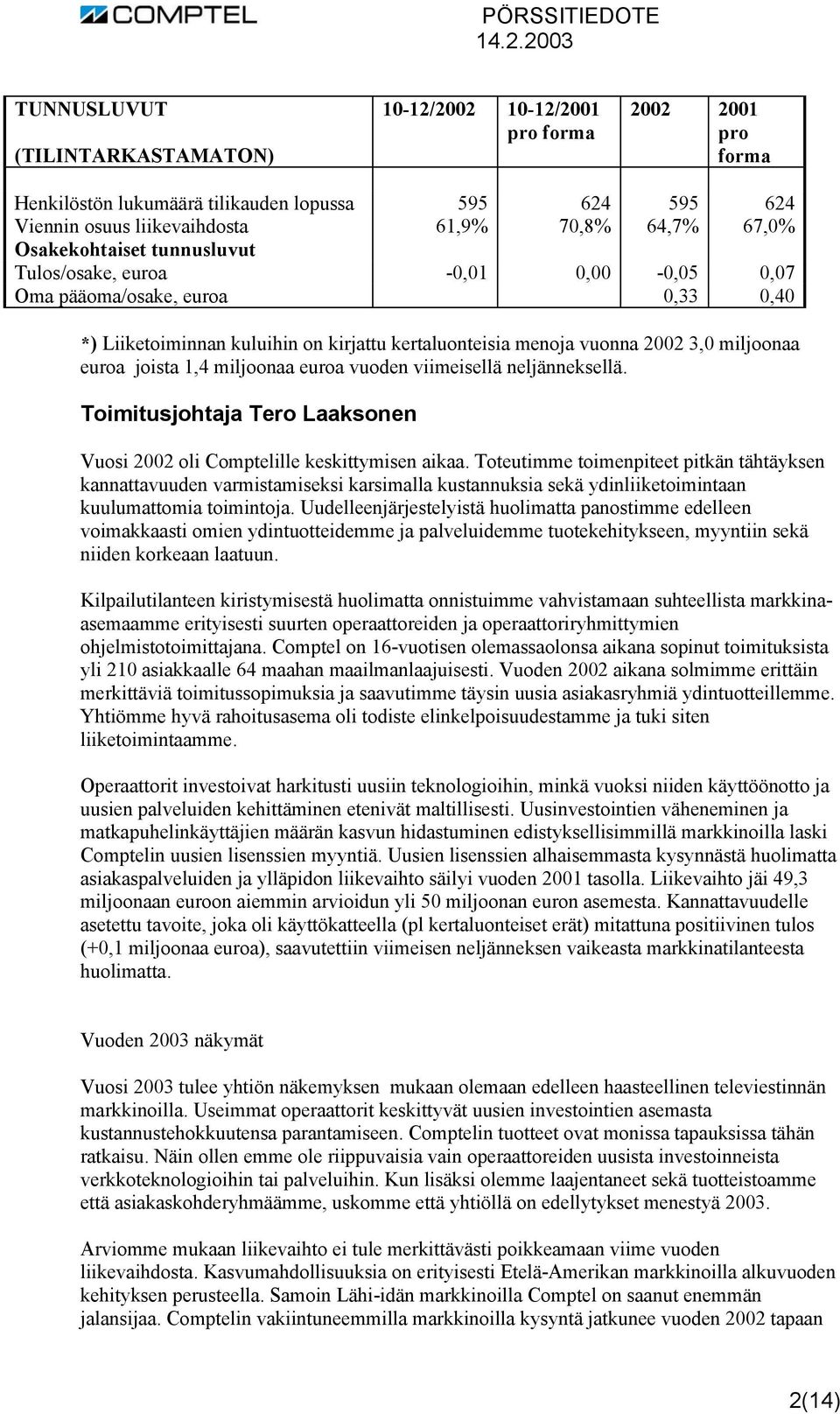 joista 1,4 miljoonaa euroa vuoden viimeisellä neljänneksellä. Toimitusjohtaja Tero Laaksonen Vuosi 2002 oli Comptelille keskittymisen aikaa.