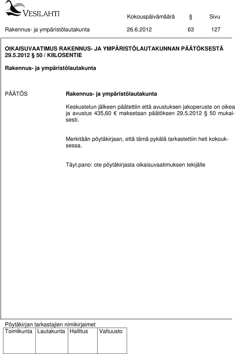 oikea ja avustus 435,60 maksetaan päätöksen 29.5.2012 50 mukaisesti.