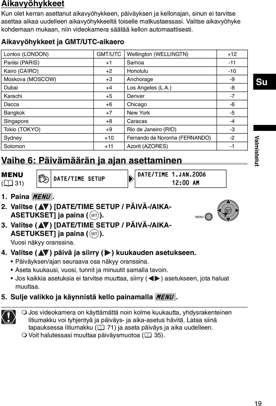 Aikavyöhykkeet ja GMT/UTC-aikaero Lontoo (LONDON) GMT/UTC Wellington (WELLINGTN) +12 Pariisi (PARIS) +1 Samoa -11 Kairo (CAIRO) +2 Honolulu -10 Moskova (MOSCOW) +3 Anchorage -9 Dubai +4 Los Angeles