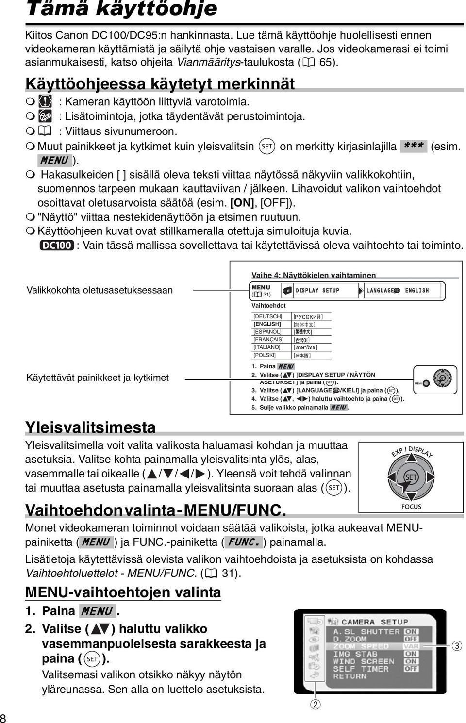 : Lisätoimintoja, jotka täydentävät perustoimintoja. : Viittaus sivunumeroon. Muut painikkeet ja kytkimet kuin yleisvalitsin on merkitty kirjasinlajilla *** (esim. MENU ).