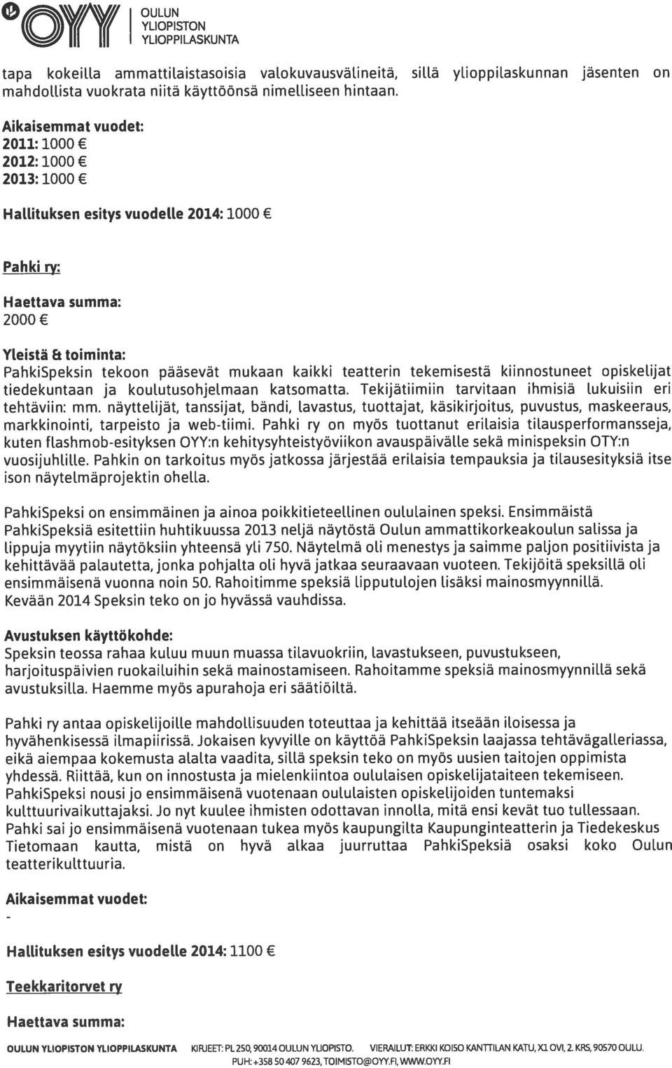 2011: 1000 2012: 1000 2013: 1000 HaLLituksen esitys vuodelle 2014: 1000 Pahki ry: Haettava summa: 2000 YLeistä & toiminta: PahkiSpeksin tekoon pääsevät mukaan kaikki teatterin tekemisestä