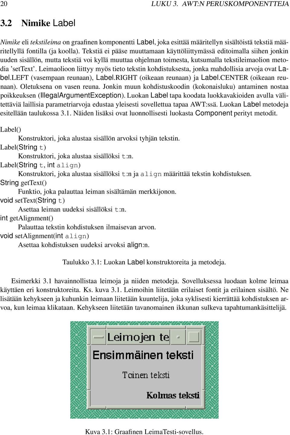 Leimaolioon liittyy myös tieto tekstin kohdistuksesta, jonka mahdollisia arvoja ovat Label.LEFT (vasempaan reunaan), Label.RIGHT (oikeaan reunaan) ja Label.CENTER (oikeaan reunaan).