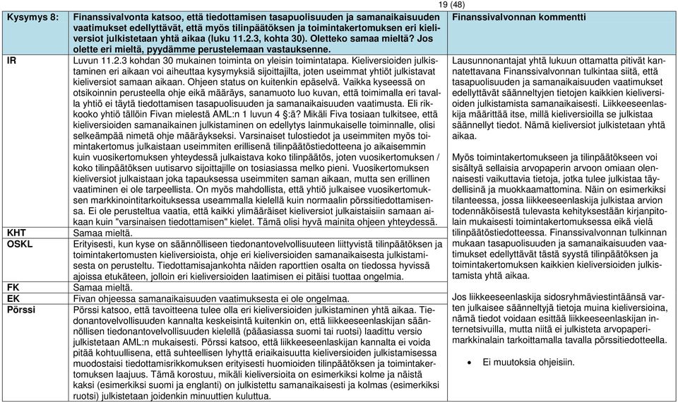 Kieliversioiden julkistaminen eri aikaan voi aiheuttaa kysymyksiä sijoittajilta, joten useimmat yhtiöt julkistavat kieliversiot samaan aikaan. Ohjeen status on kuitenkin epäselvä.