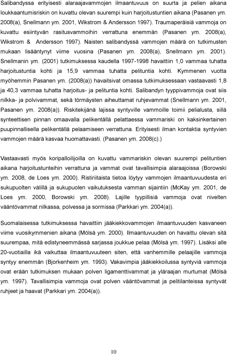 Naisten salibandyssä vammojen määrä on tutkimusten mukaan lisääntynyt viime vuosina (Pasanen ym. 2008(a), Snellmann ym. 2001). Snellmanin ym.