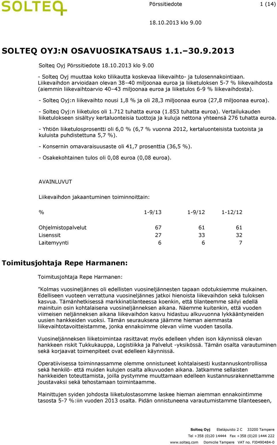 - Solteq Oyj:n liikevaihto nousi 1,8 % ja oli 28,3 miljoonaa euroa (27,8 miljoonaa euroa). - Solteq Oyj:n liiketulos oli 1.712 tuhatta euroa (1.853 tuhatta euroa).