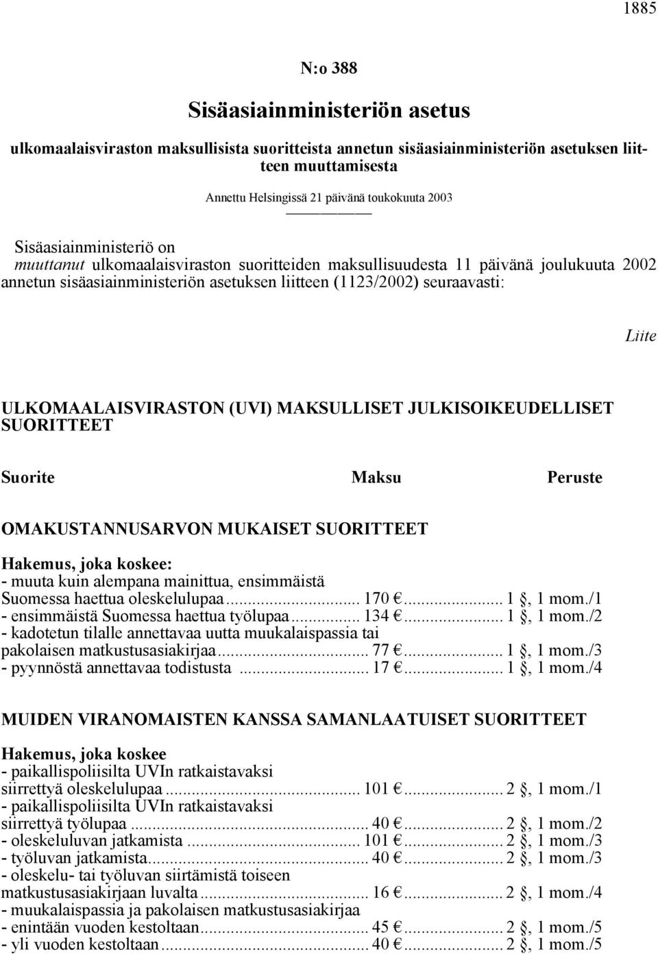 ULKOMAALAISVIRASTON (UVI) MAKSULLISET JULKISOIKEUDELLISET SUORITTEET Suorite Maksu Peruste OMAKUSTANNUSARVON MUKAISET SUORITTEET Hakemus, joka koskee: - muuta kuin alempana mainittua, ensimmäistä