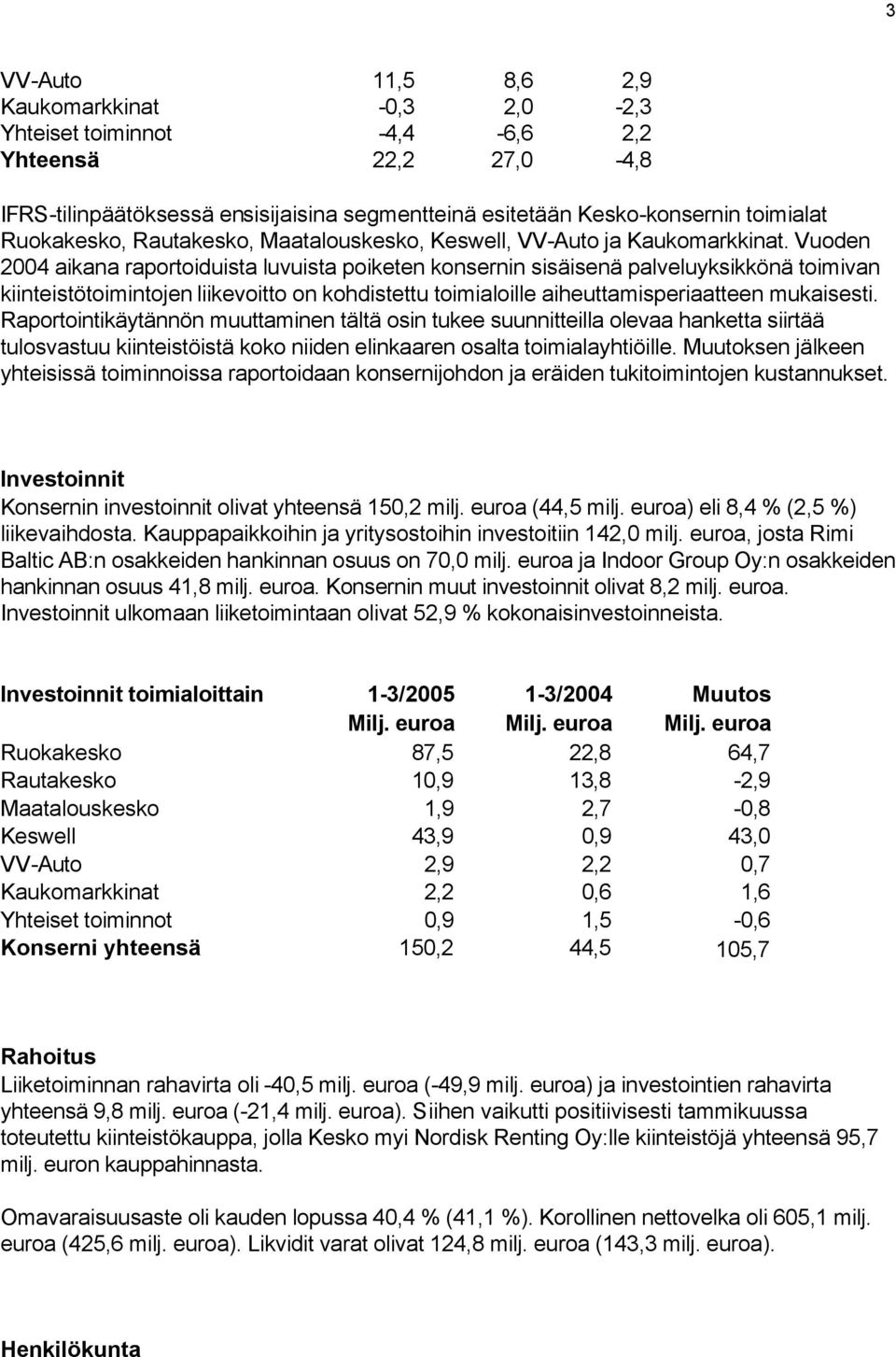 Vuoden aikana raportoiduista luvuista poiketen konsernin sisäisenä palveluyksikkönä toimivan kiinteistötoimintojen liikevoitto on kohdistettu toimialoille aiheuttamisperiaatteen mukaisesti.