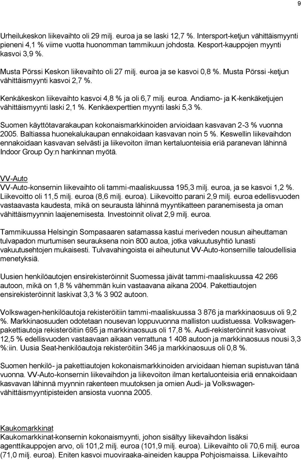 Kenkäexperttien myynti laski 5,3 %. Suomen käyttötavarakaupan kokonaismarkkinoiden arvioidaan kasvavan 2-3 % vuonna 2005. Baltiassa huonekalukaupan ennakoidaan kasvavan noin 5 %.