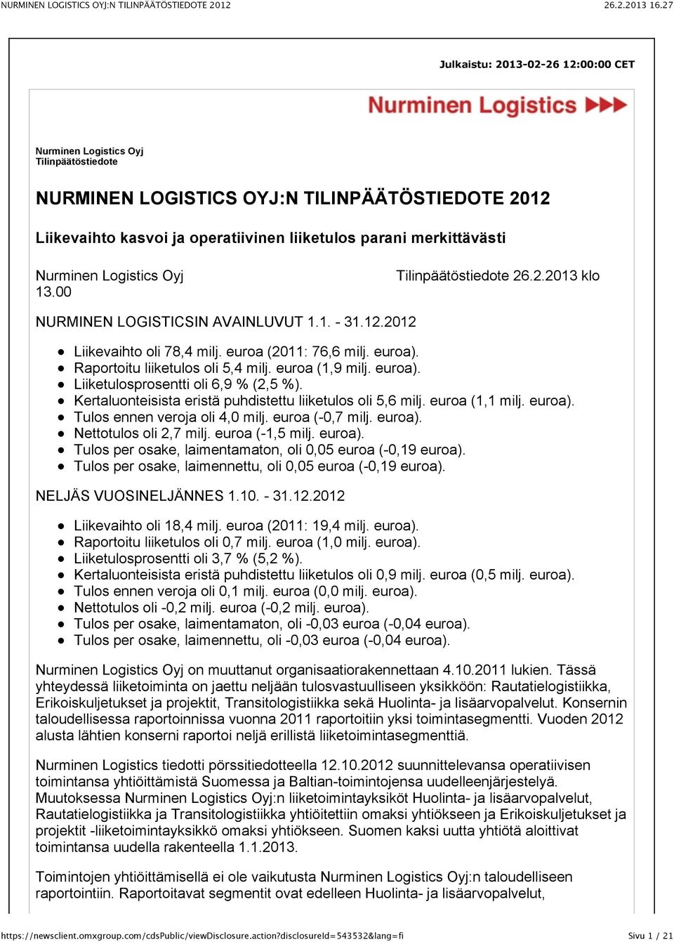 Raportoitu liiketulos oli 5,4 milj. euroa (1,9 milj. euroa). Liiketulosprosentti oli 6,9 % (2,5 %). Kertaluonteisista eristä puhdistettu liiketulos oli 5,6 milj. euroa (1,1 milj. euroa). Tulos ennen veroja oli 4,0 milj.