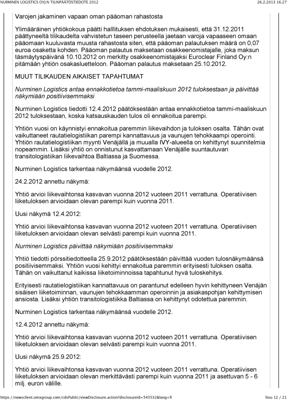 Pääoman palautus maksetaan osakkeenomistajalle, joka maksun täsmäytyspäivänä 10.10.2012 on merkitty osakkeenomistajaksi Euroclear Finland Oy:n pitämään yhtiön osakasluetteloon.