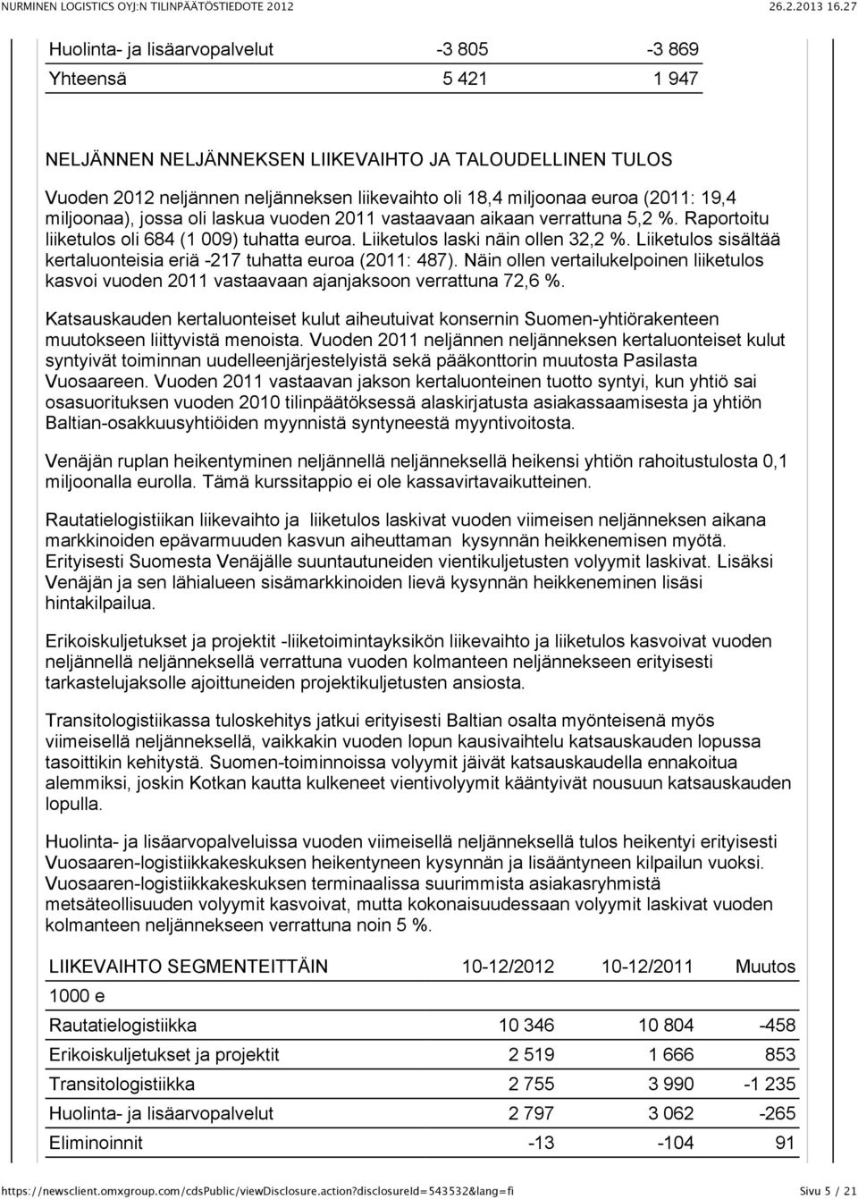 Liiketulos sisältää kertaluonteisia eriä -217 tuhatta euroa (2011: 487). Näin ollen vertailukelpoinen liiketulos kasvoi vuoden 2011 vastaavaan ajanjaksoon verrattuna 72,6 %.