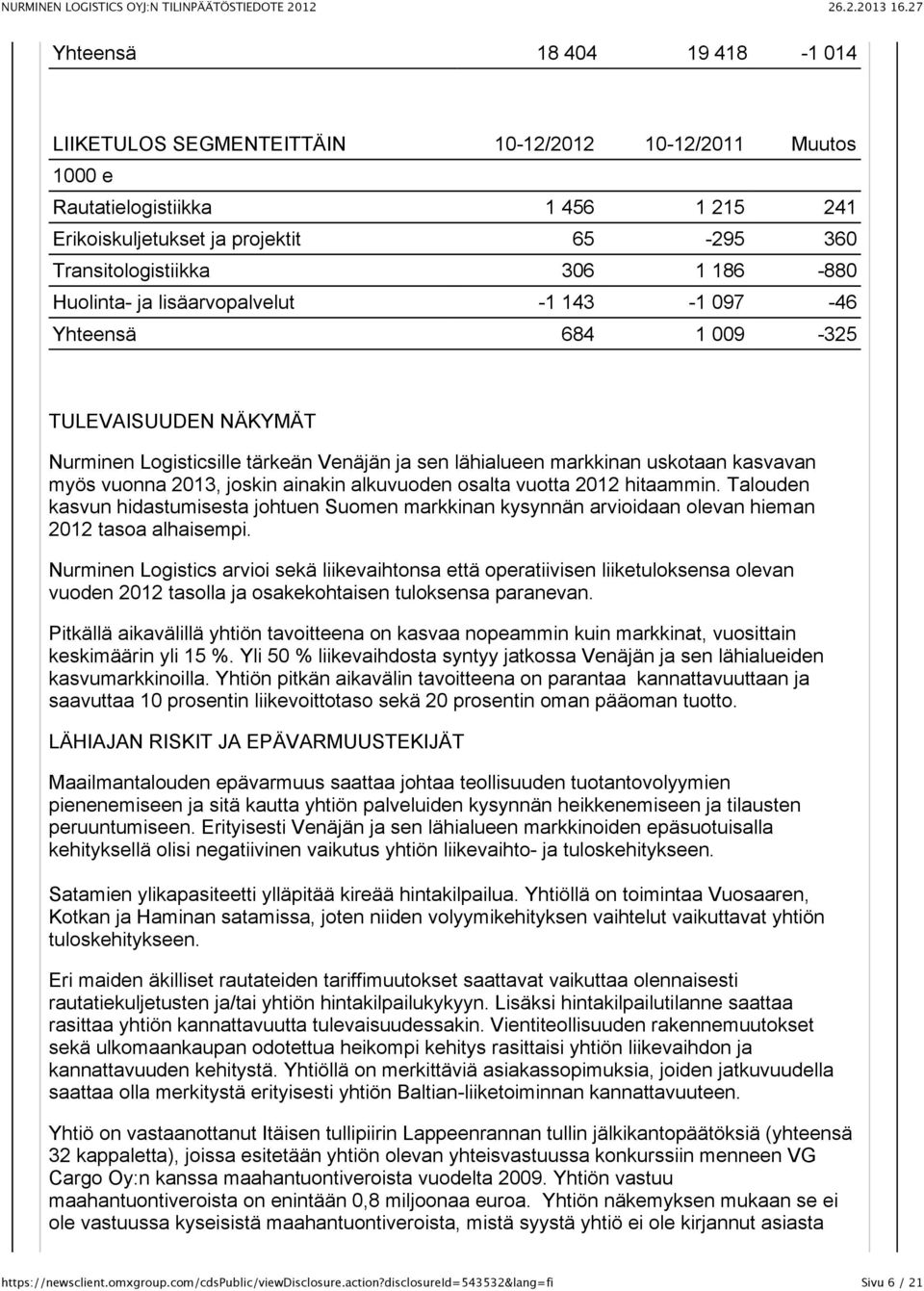 2013, joskin ainakin alkuvuoden osalta vuotta 2012 hitaammin. Talouden kasvun hidastumisesta johtuen Suomen markkinan kysynnän arvioidaan olevan hieman 2012 tasoa alhaisempi.
