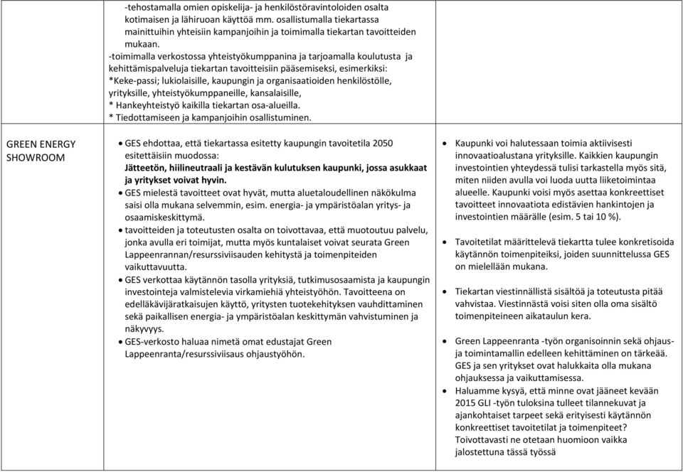 toimimalla verkostossa yhteistyökumppanina ja tarjoamalla koulutusta ja kehittämispalveluja tiekartan tavoitteisiin pääsemiseksi, esimerkiksi: *Keke passi; lukiolaisille, kaupungin ja