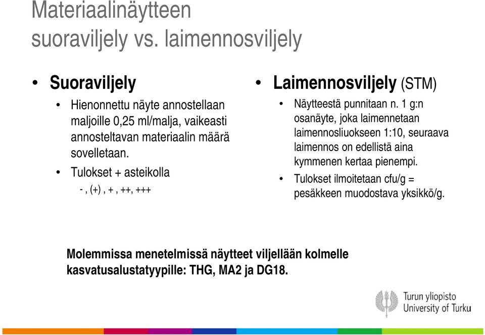 sovelletaan. Tulokset + asteikolla -, (+), +, ++, +++ Laimennosviljely (STM) Näytteestä punnitaan n.