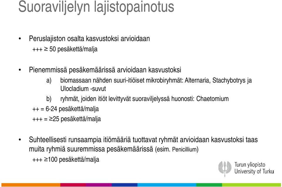 joiden itiöt levittyvät suoraviljelyssä huonosti: Chaetomium ++ = 6-24 pesäkettä/malja +++ = 25 pesäkettä/malja Suhteellisesti