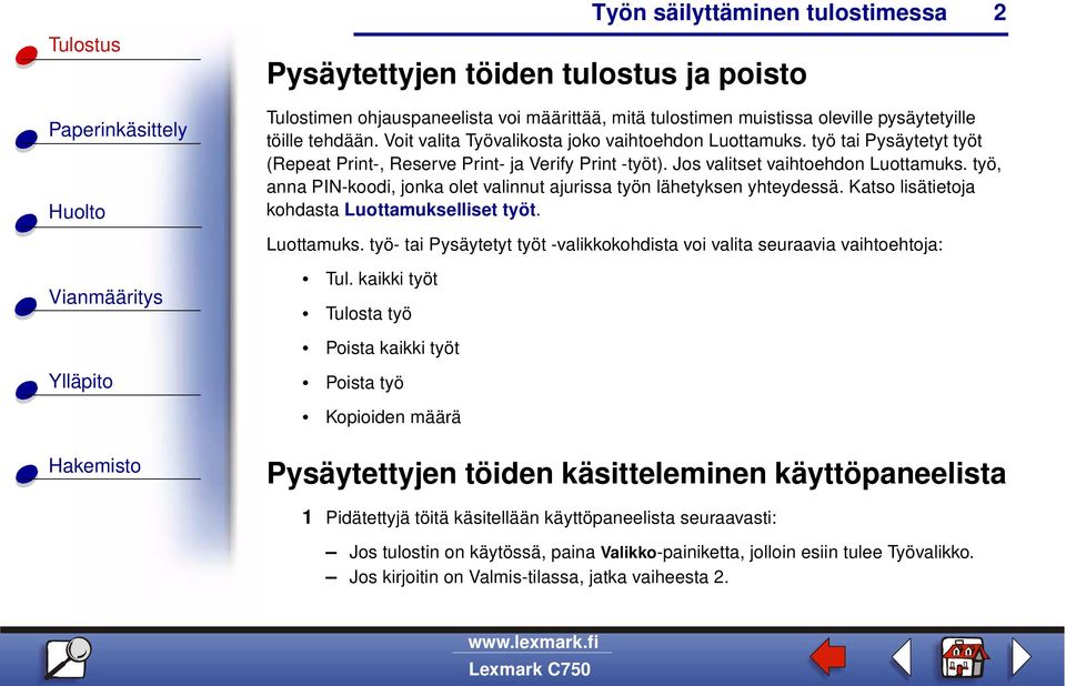 työ, anna PIN-koodi, jonka olet valinnut ajurissa työn lähetyksen yhteydessä. Katso lisätietoja kohdasta Luottamukselliset työt. Luottamuks. työ- tai Pysäytetyt työt -valikkokohdista voi valita seuraavia vaihtoehtoja: Tul.