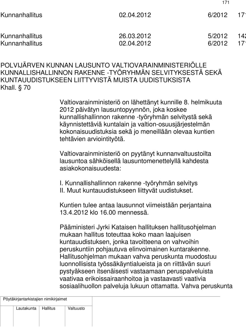 2012 5/2012 142 2012 6/2012 171 POLVIJÄRVEN KUNNAN LAUSUNTO VALTIOVARAINMINISTERIÖLLE KUNNALLISHALLINNON RAKENNE -TYÖRYHMÄN SELVITYKSESTÄ SEKÄ KUNTAUUDISTUKSEEN LIITTYVISTÄ MUISTA UUDISTUKSISTA Khall.