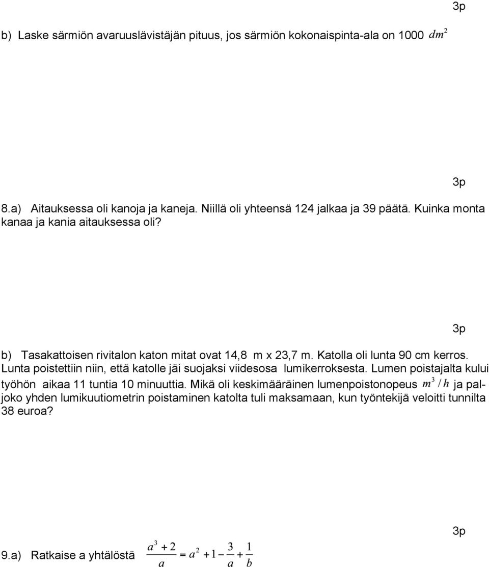 Katolla oli lunta 90 cm kerros. Lunta poistettiin niin, että katolle jäi suojaksi viidesosa lumikerroksesta.