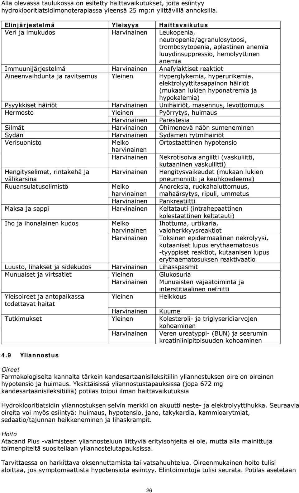 Immuunijärjestelmä Harvinainen Anafylaktiset reaktiot Aineenvaihdunta ja ravitsemus Yleinen Hyperglykemia, hyperurikemia, elektrolyyttitasapainon häiriöt (mukaan lukien hyponatremia ja hypokalemia)