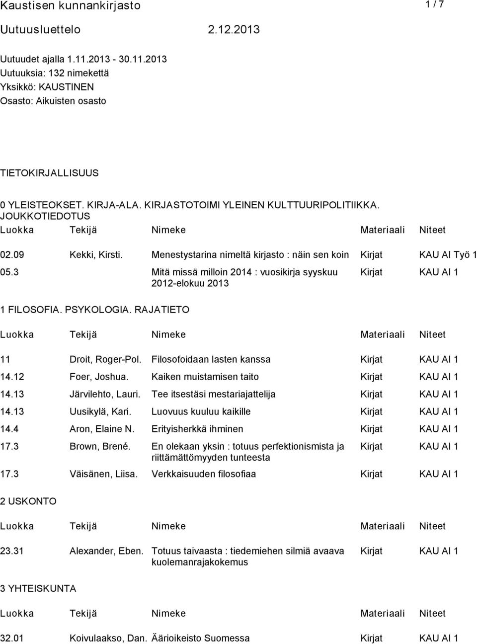 3 Mitä missä milloin 2014 : vuosikirja syyskuu 2012-elokuu 2013 1 FILOSOFIA. PSYKOLOGIA. RAJATIETO 11 Droit, Roger-Pol. Filosofoidaan lasten kanssa 14.12 Foer, Joshua. Kaiken muistamisen taito 14.