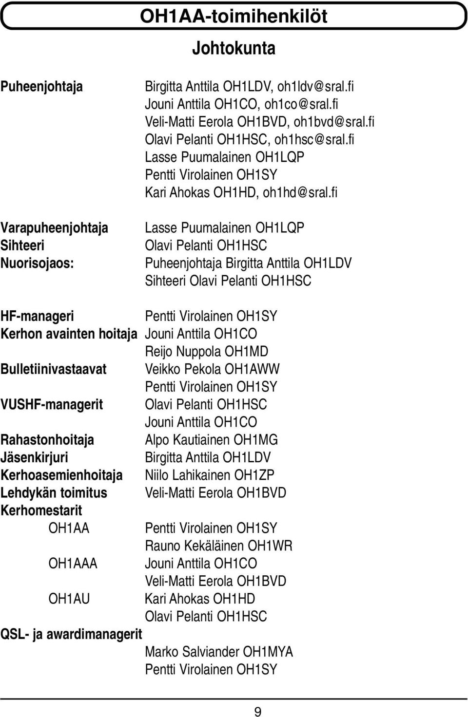 fi Lasse Puumalainen OH1LQP Olavi Pelanti OH1HSC Puheenjohtaja Birgitta Anttila OH1LDV Sihteeri Olavi Pelanti OH1HSC HF-manageri Pentti Virolainen OH1SY Kerhon avainten hoitaja Jouni Anttila OH1CO