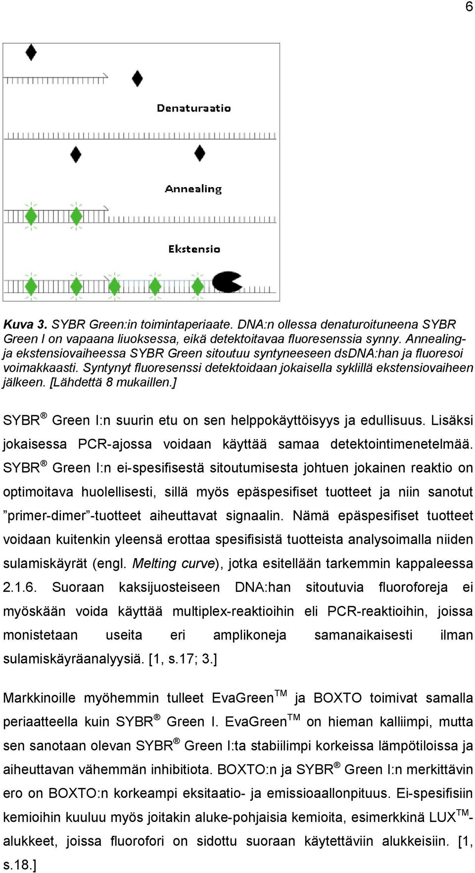 [Lähdettä 8 mukaillen.] SYBR Green I:n suurin etu on sen helppokäyttöisyys ja edullisuus. Lisäksi jokaisessa PCR-ajossa voidaan käyttää samaa detektointimenetelmää.