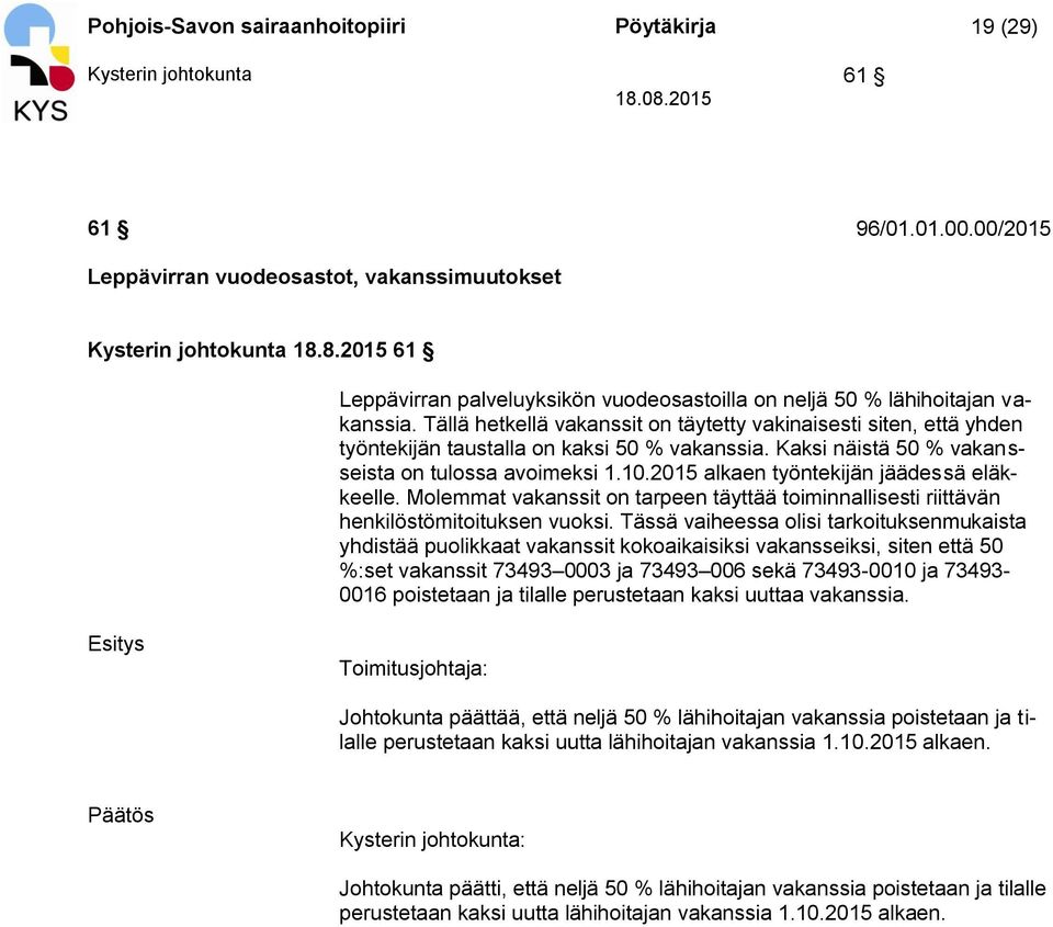 Tällä hetkellä vakanssit on täytetty vakinaisesti siten, että yhden työntekijän taustalla on kaksi 50 % vakanssia. Kaksi näistä 50 % vakansseista on tulossa avoimeksi 1.10.