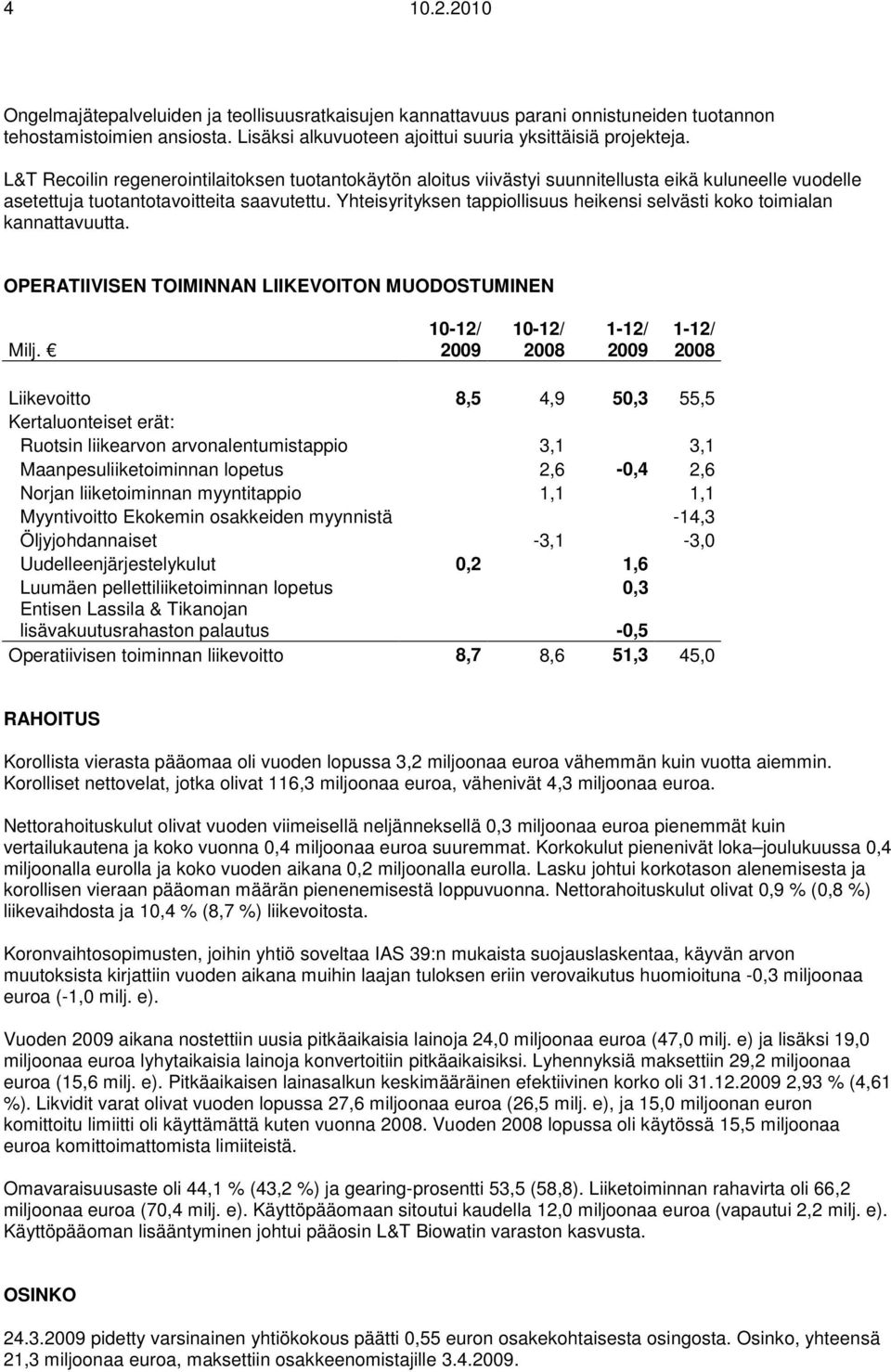 Yhteisyrityksen tappiollisuus heikensi selvästi koko toimialan kannattavuutta. OPERATIIVISEN TOIMINNAN LIIKEVOITON MUODOSTUMINEN Milj.