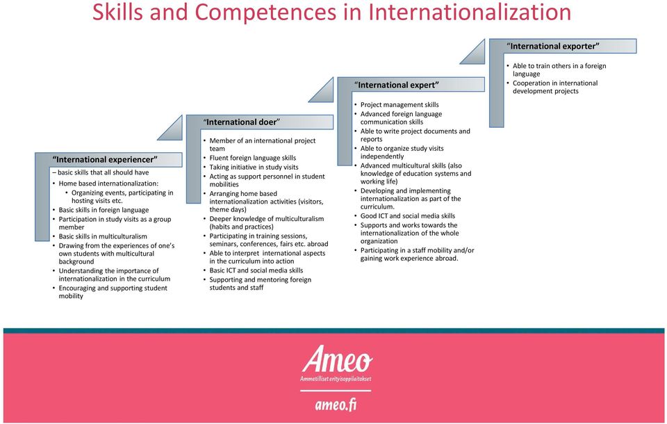 Basic skills in foreign language Participation in study visits as a group member Basic skills in multiculturalism Drawing from the experiences of one s own students with multicultural background