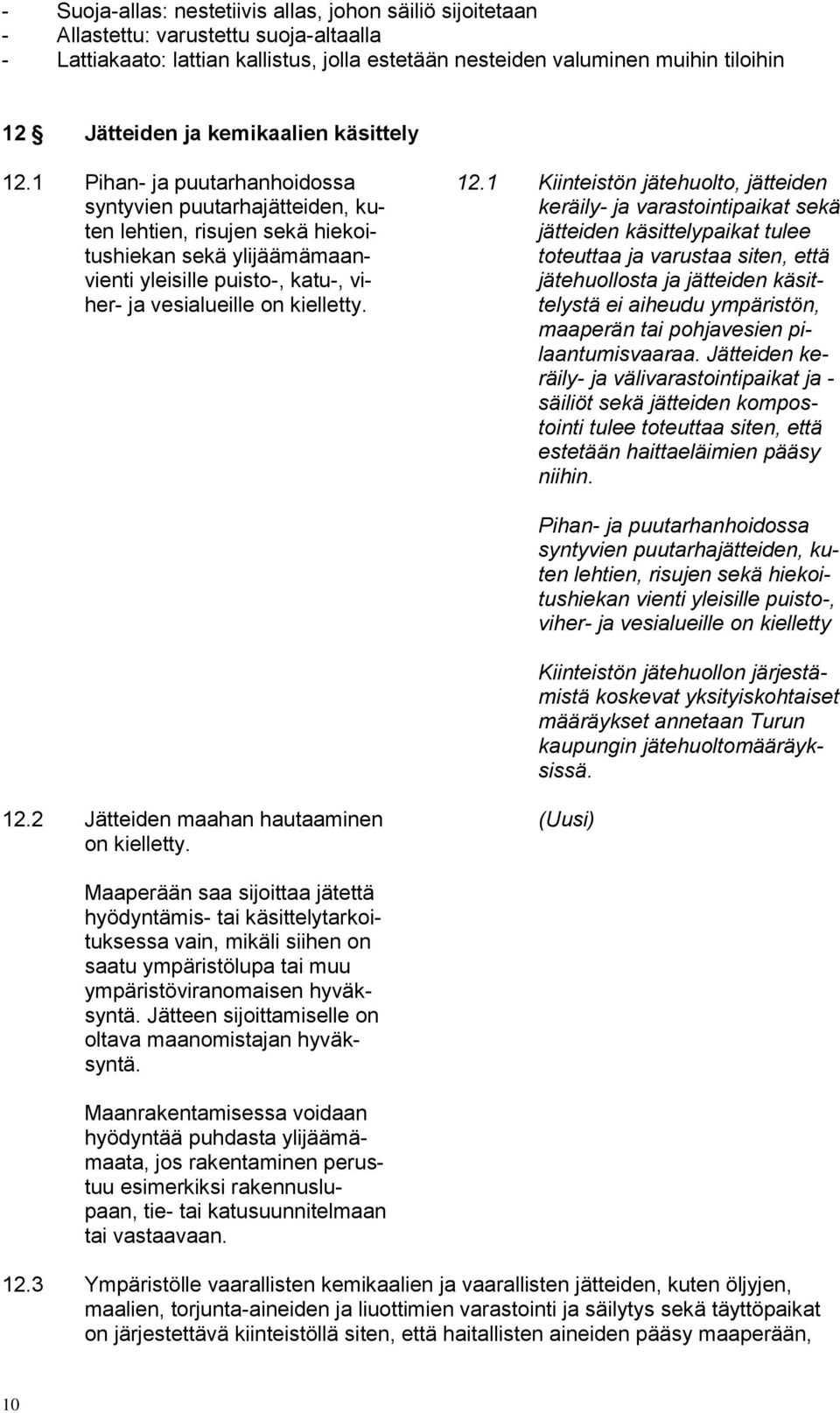 1 Pihan- ja puutarhanhoidossa syntyvien puutarhajätteiden, kuten lehtien, risujen sekä hiekoitushiekan sekä ylijäämämaanvienti yleisille puisto-, katu-, viher- ja vesialueille on kielletty. 12.