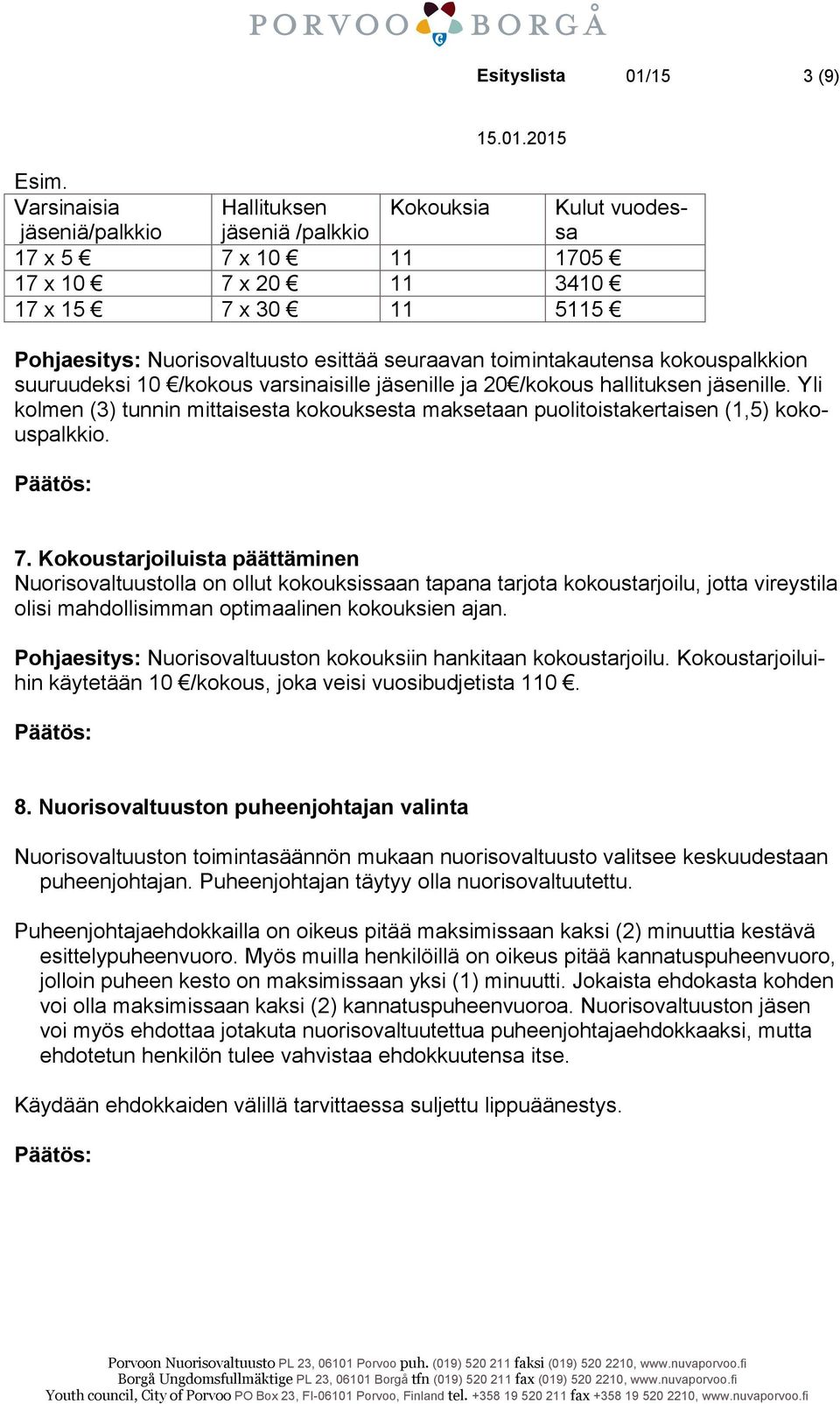 toimintakautensa kokouspalkkion suuruudeksi 10 /kokous varsinaisille jäsenille ja 20 /kokous hallituksen jäsenille.