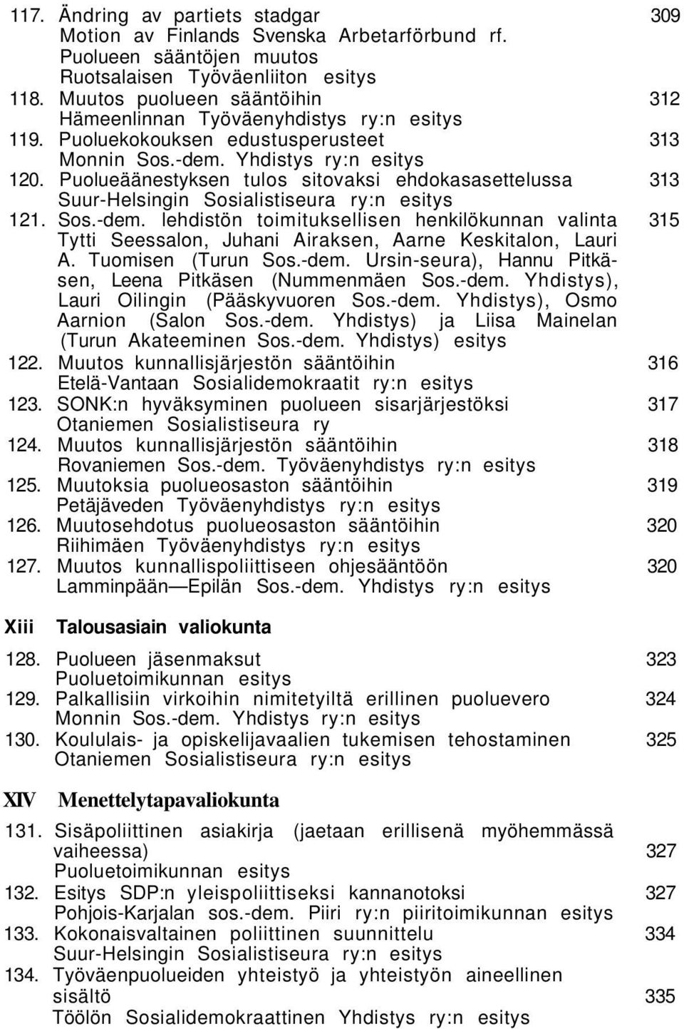 Puolueäänestyksen tulos sitovaksi ehdokasasettelussa 313 Suur-Helsingin Sosialistiseura ry:n esitys 121. Sos.-dem.