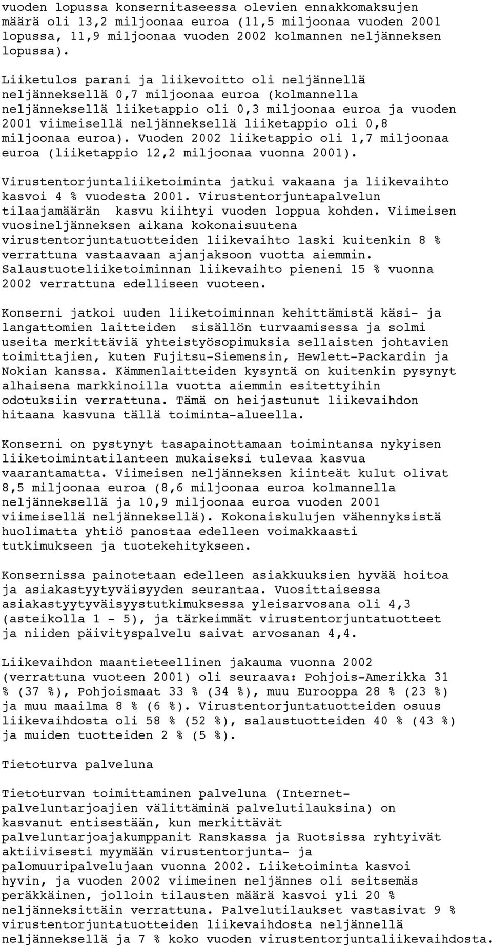 liiketappio oli 0,8 miljoonaa euroa). Vuoden 2002 liiketappio oli 1,7 miljoonaa euroa (liiketappio 12,2 miljoonaa vuonna 2001).
