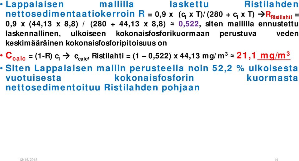 keskimääräinen kokonaisfosforipitoisuus on C calc =(1-R)c I c calc, Ristilahti = (1 0,522) x 44,13 mg/m 3 21,1 mg/m 3 Siten