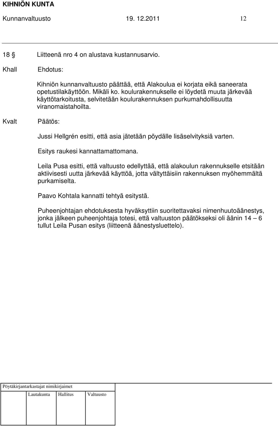 Kvalt Jussi Hellgrén esitti, että asia jätetään pöydälle lisäselvityksiä varten. Esitys raukesi kannattamattomana.