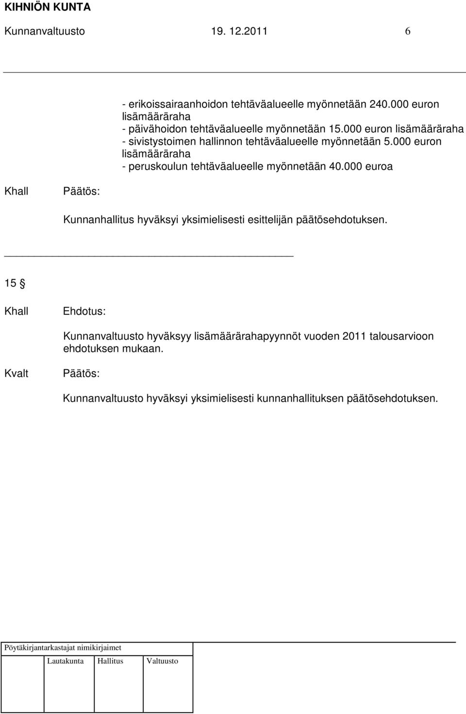 000 euron lisämääräraha - sivistystoimen hallinnon tehtäväalueelle myönnetään 5.