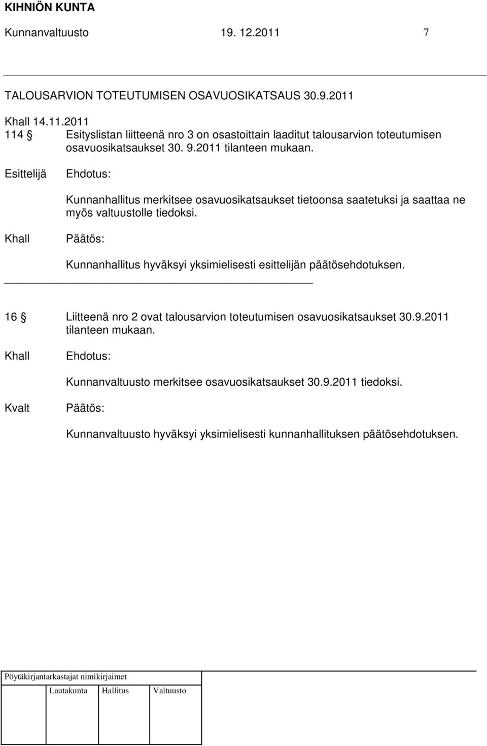 Kunnanhallitus hyväksyi yksimielisesti esittelijän päätösehdotuksen. 16 Liitteenä nro 2 ovat talousarvion toteutumisen osavuosikatsaukset 30.9.