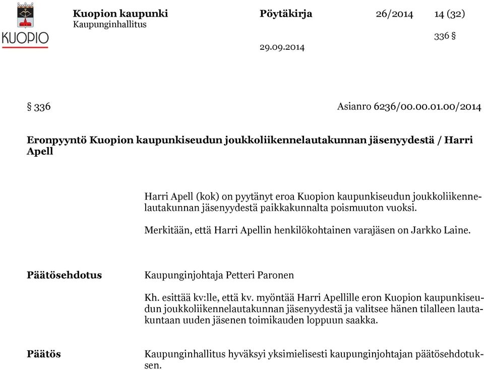 00/2014 Eronpyyntö Kuopion kaupunkiseudun joukkoliikennelautakunnan jäsenyydestä / Harri Apell Harri Apell (kok) on pyytänyt eroa Kuopion kaupunkiseudun