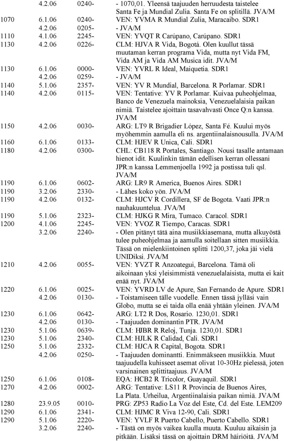 JVA/M 1130 6.1.06 0000- VEN: YVRL R Ideal, Maiquetia. SDR1 4.2.06 0259- - JVA/M 1140 5.1.06 2357- VEN: YV R Mundial, Barcelona. R Porlamar. SDR1 1140 4.2.06 0115- VEN: Tentative: YV R Porlamar.