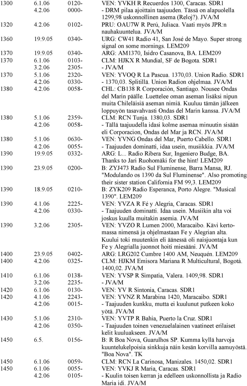 LEM209 1370 6.1.06 0103- CLM: HJKX R Mundial, SF de Bogota. SDR1 3.2.06 2305- - JVA/M 1370 5.1.06 2320- VEN: YVOQ R La Pascua. 1370,03. Union Radio. SDR1 4.2.06 0330- - 1370,03. Splitillä.