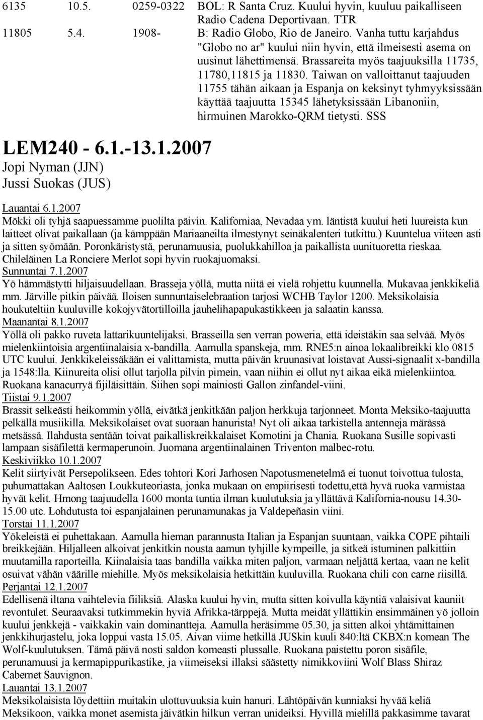 Taiwan on valloittanut taajuuden 11755 tähän aikaan ja Espanja on keksinyt tyhmyyksissään käyttää taajuutta 15345 lähetyksissään Libanoniin, hirmuinen Marokko-QRM tietysti. SSS LEM240-6.1.-13.1.2007 Jopi Nyman (JJN) Jussi Suokas (JUS) Lauantai 6.