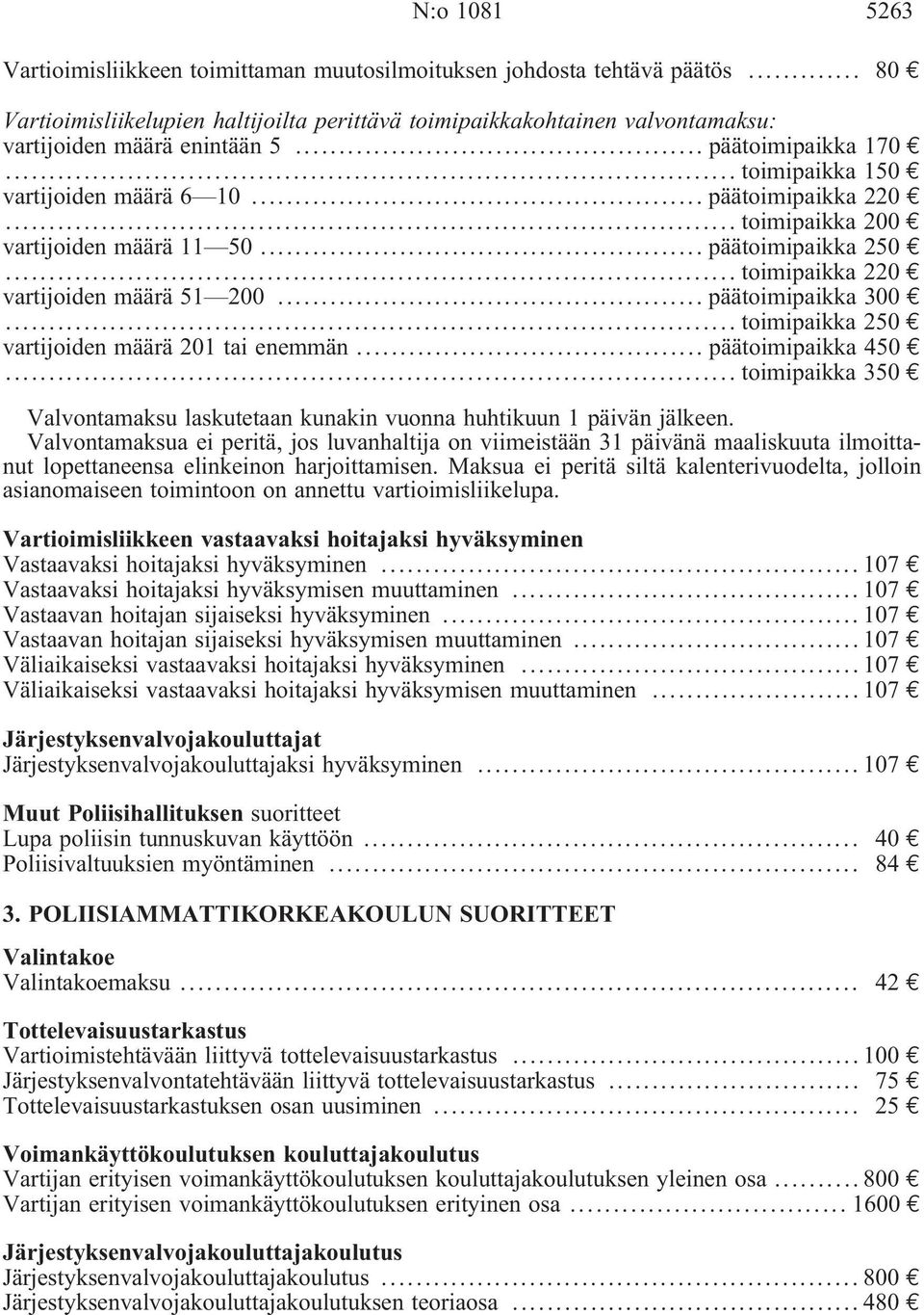 .. päätoimipaikka 300... toimipaikka 250 vartijoiden määrä 201 tai enemmän... päätoimipaikka 450... toimipaikka 350 Valvontamaksu laskutetaan kunakin vuonna huhtikuun 1 päivän jälkeen.