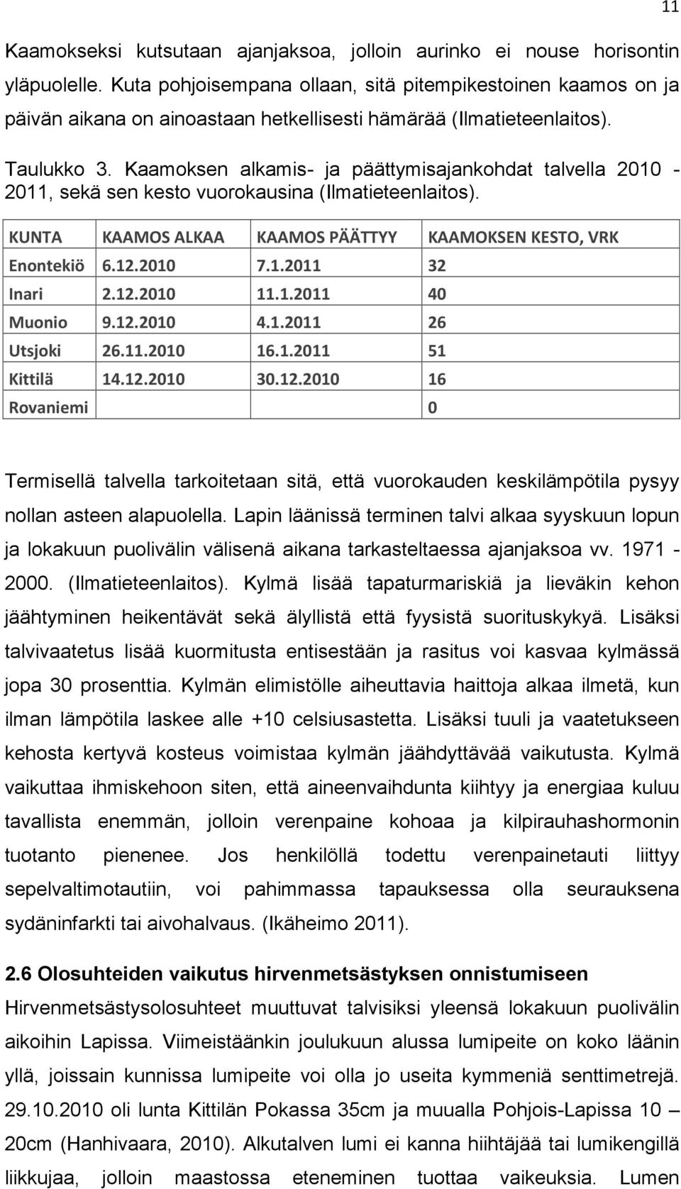 Kaamoksen alkamis- ja päättymisajankohdat talvella 2010-2011, sekä sen kesto vuorokausina (Ilmatieteenlaitos). KUNTA KAAMOS ALKAA KAAMOS PÄÄTTYY KAAMOKSEN KESTO, VRK Enontekiö 6.12.2010 7.1.2011 32 Inari 2.